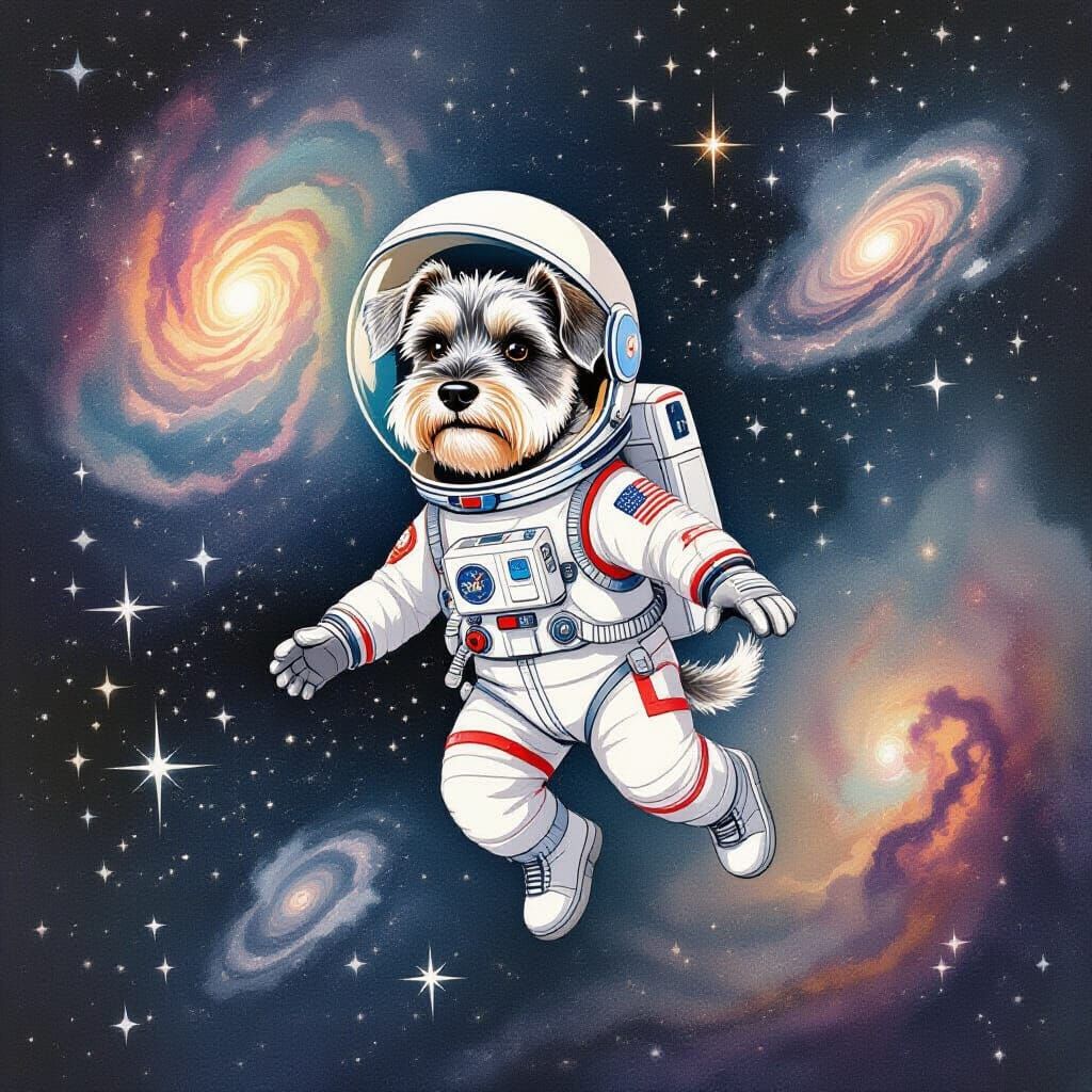 Schnauzer Astronaut in Watercolor Galaxy