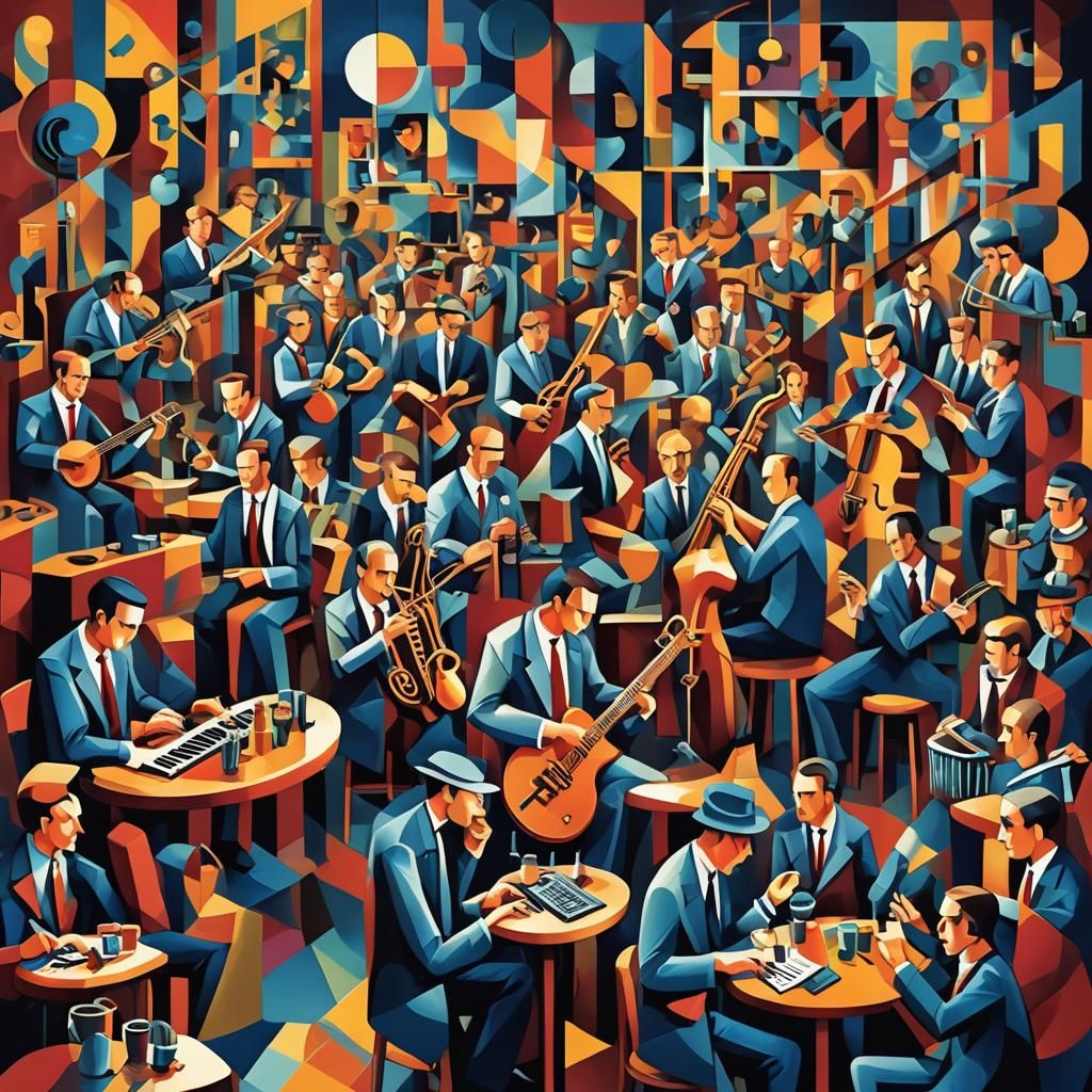 Neo-Cubist Jazz Musicians in Dimly Lit Café