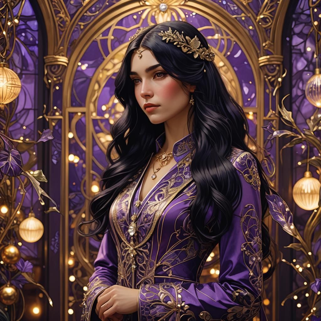 Art Nouveau Girl in Diamond Violet Suit