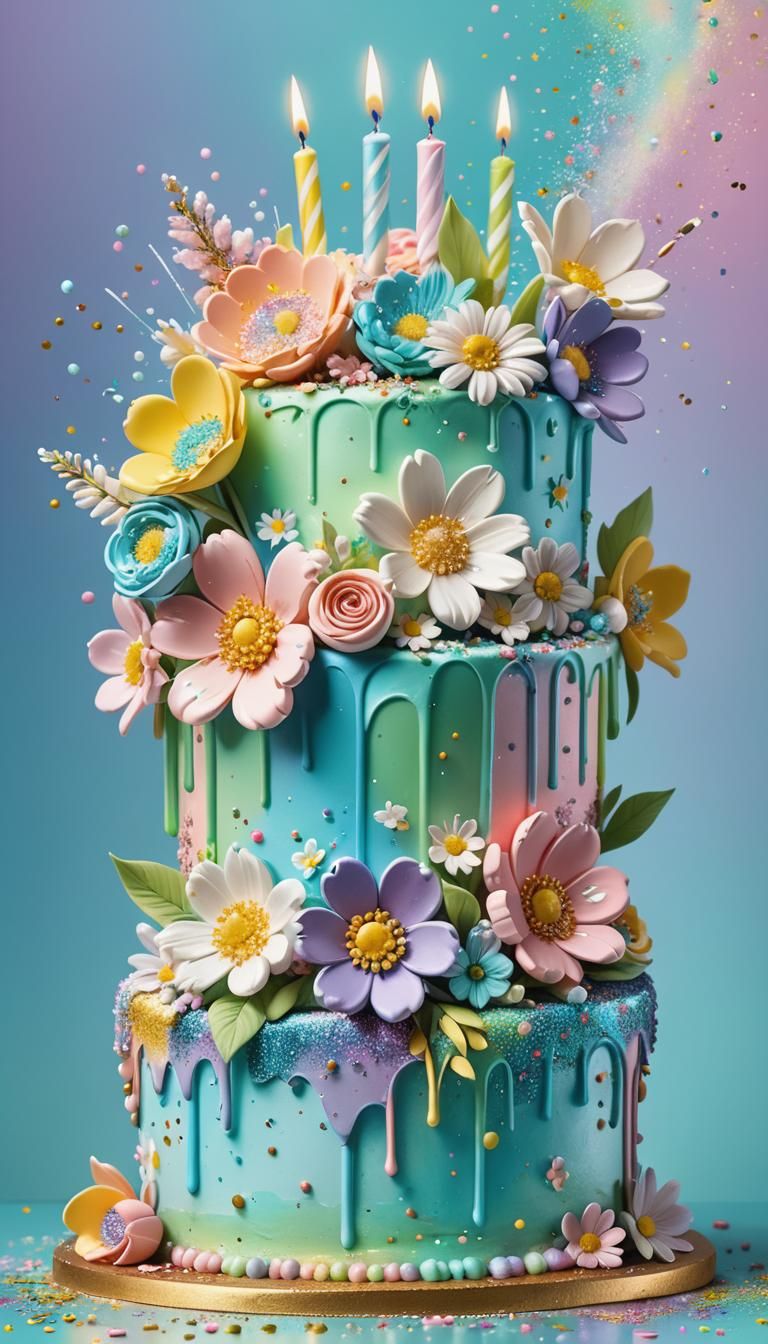 Elaborate Birthday Cake with Spring Colors and Glitter