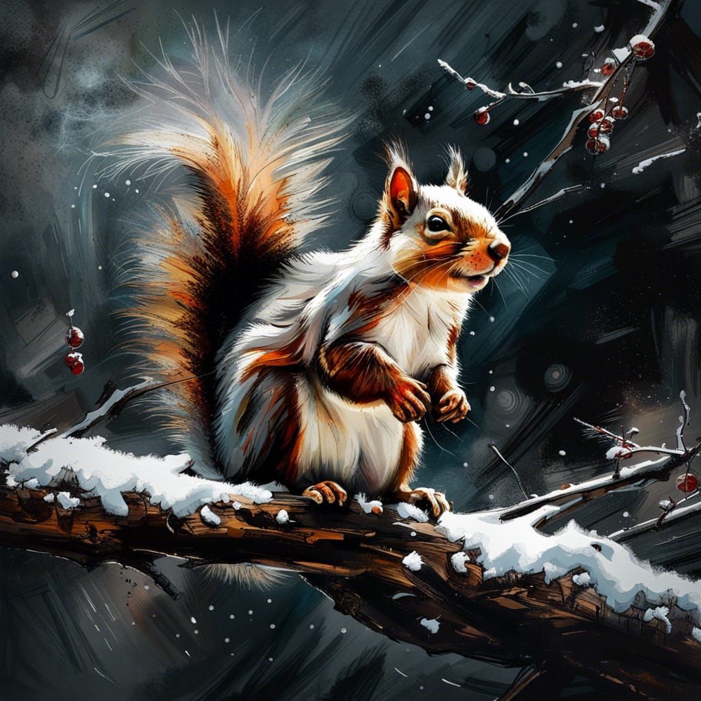 Squirrel in Snow: A Photorealistic Oil Painting