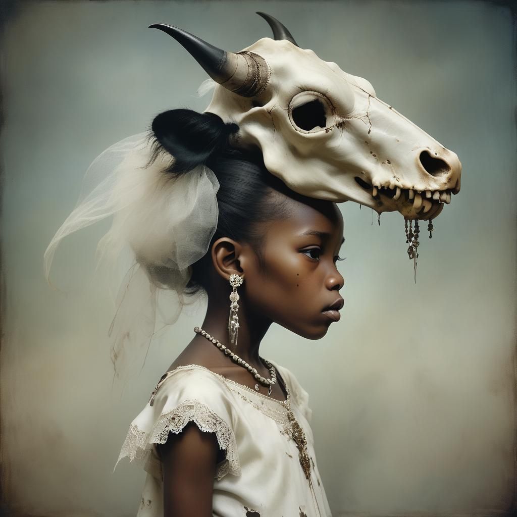 Vintage Photo of Girl with Cow Skull in Mongolia