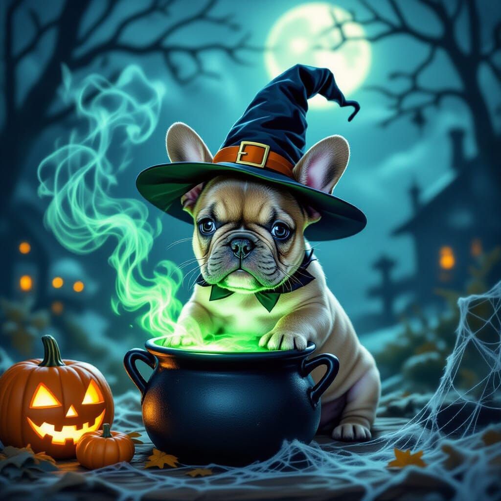 French Bulldog Puppy in Witch Hat with Halloween Cauldron