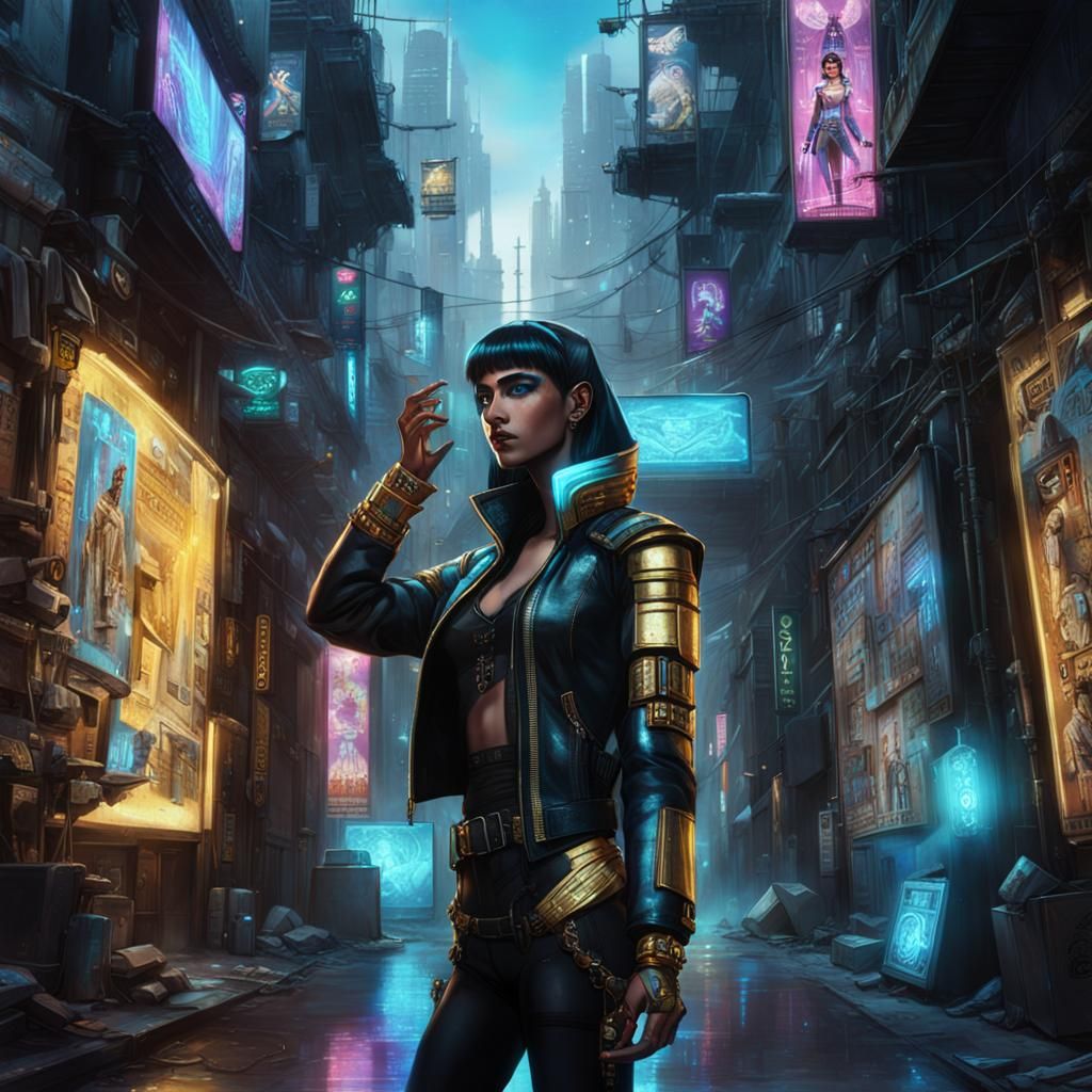 Cyberpunk Cleopatra in Neon Cityscape