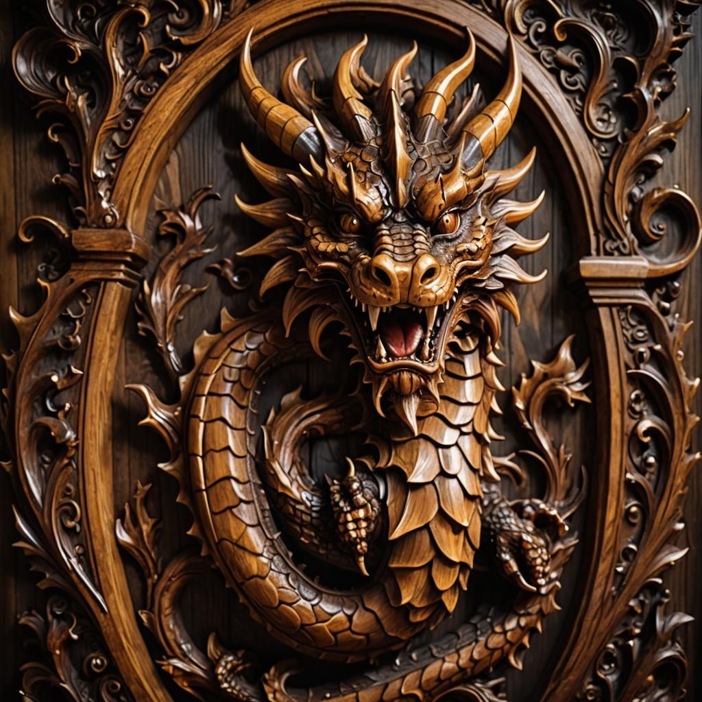 Ornate Wood Dragon Carving in Baroque Style