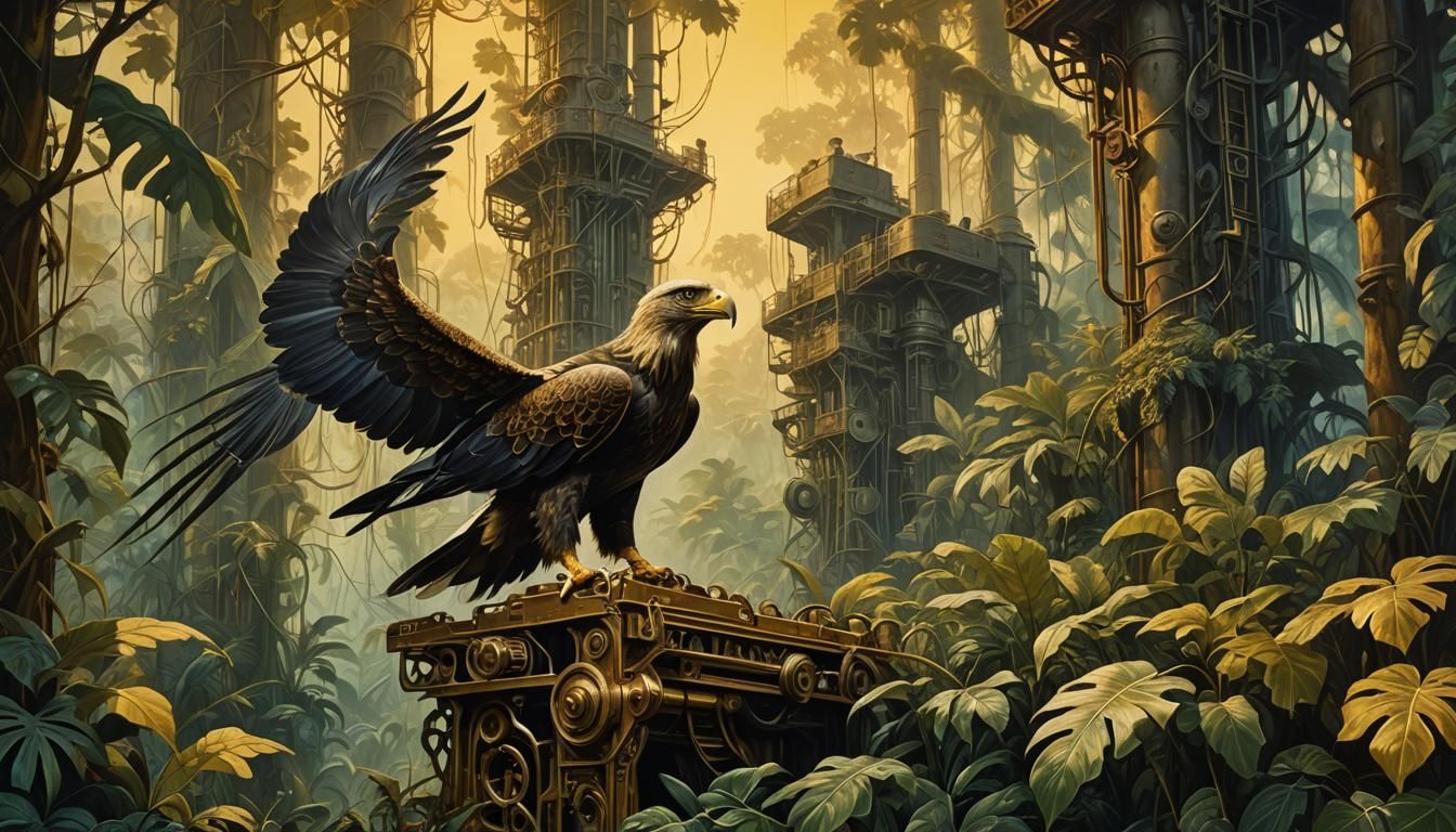 Eagle on Gold Mining Machine in Jungle
