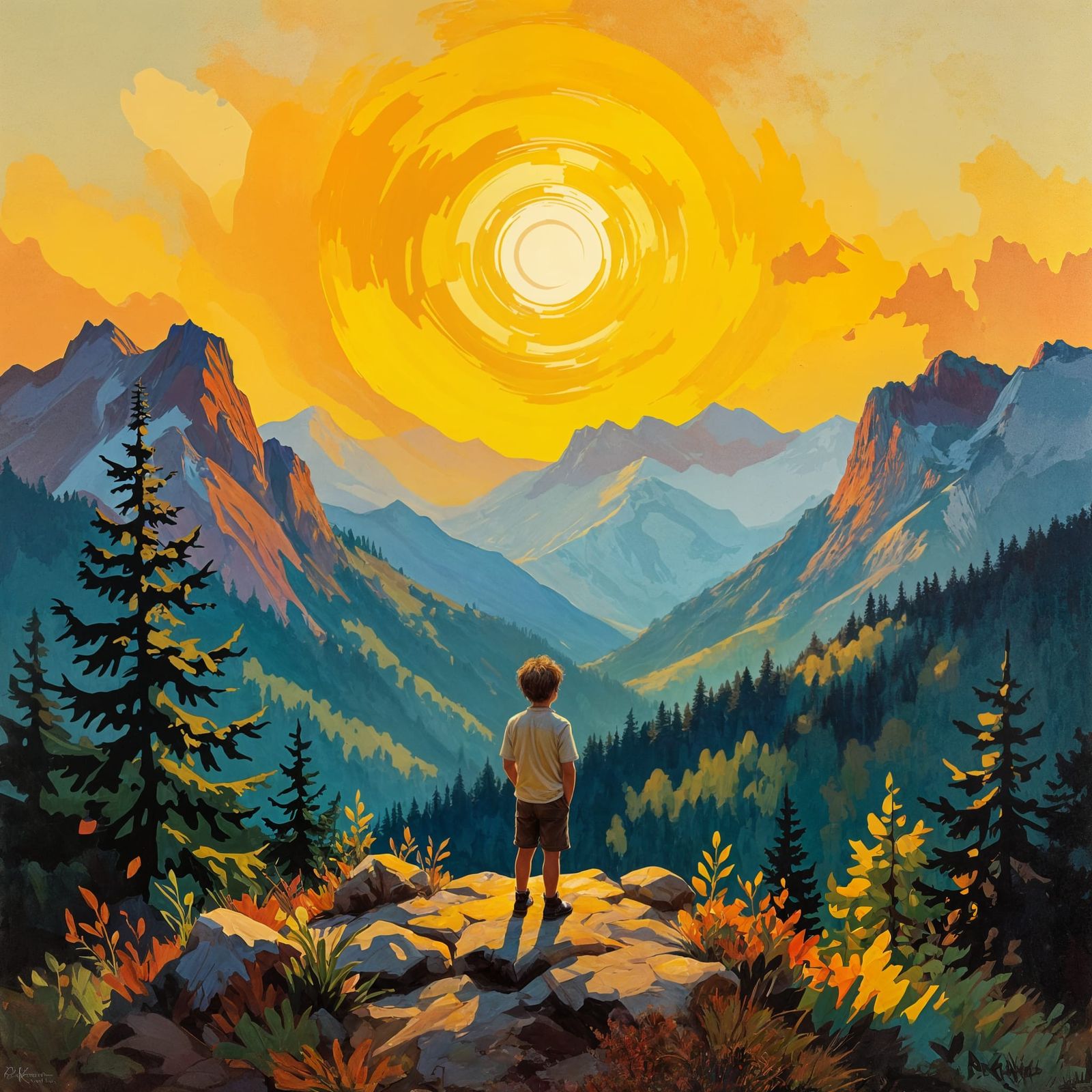Boy on Knoll Gazing at Radiant Sun and Mountains