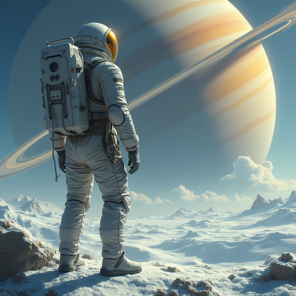 Astronaut Standing at Edge of Saturn's Icy Ring in Hyper-Rea...