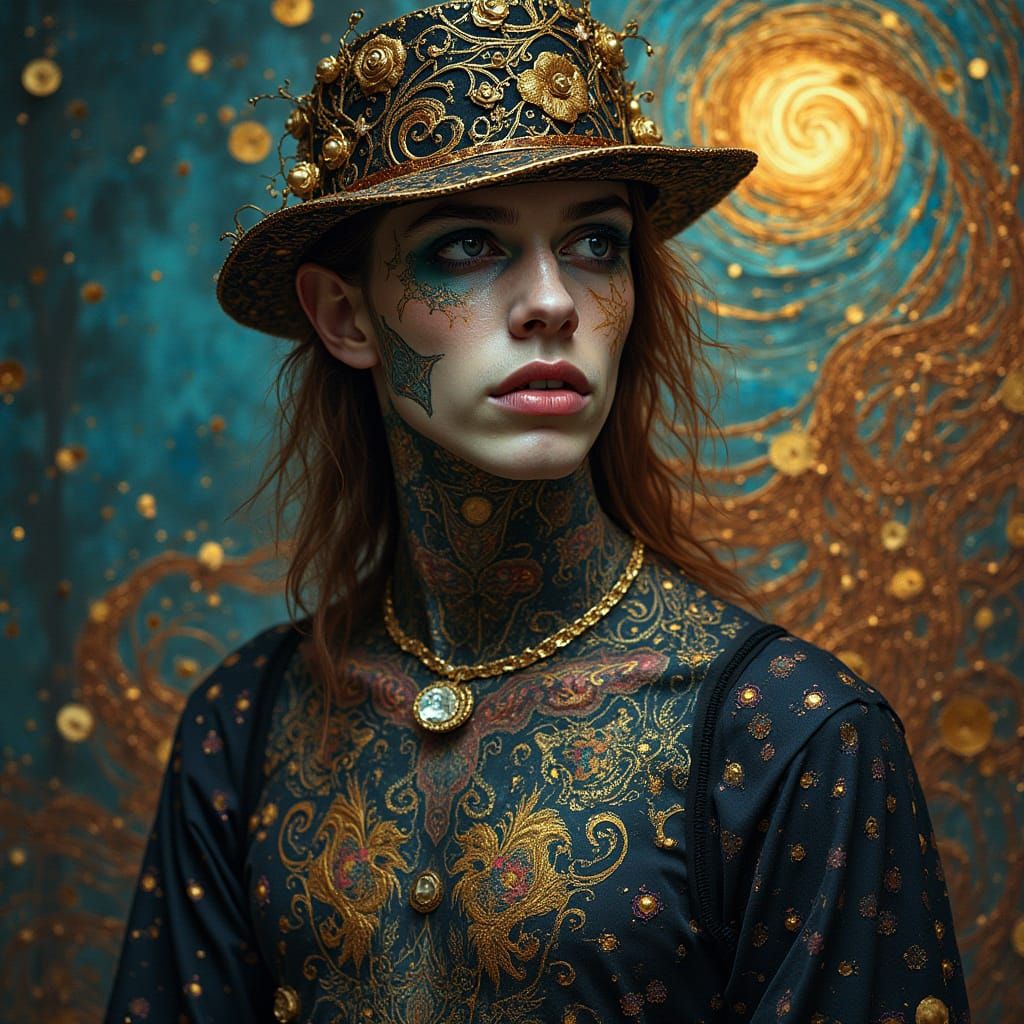 Ornate Portrait with Neon Tattoos in Klimt Style