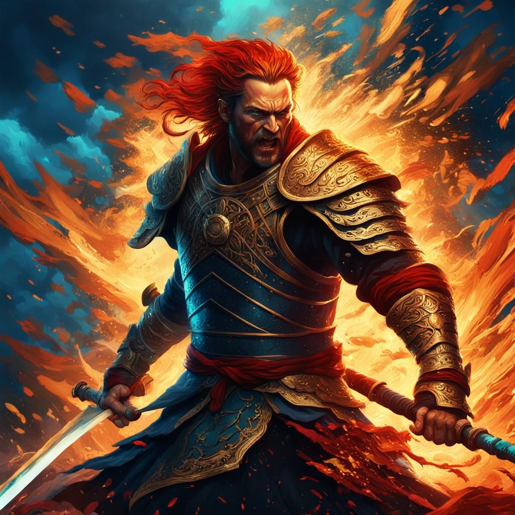 Fierce Warrior in Rage with Blazing Sword