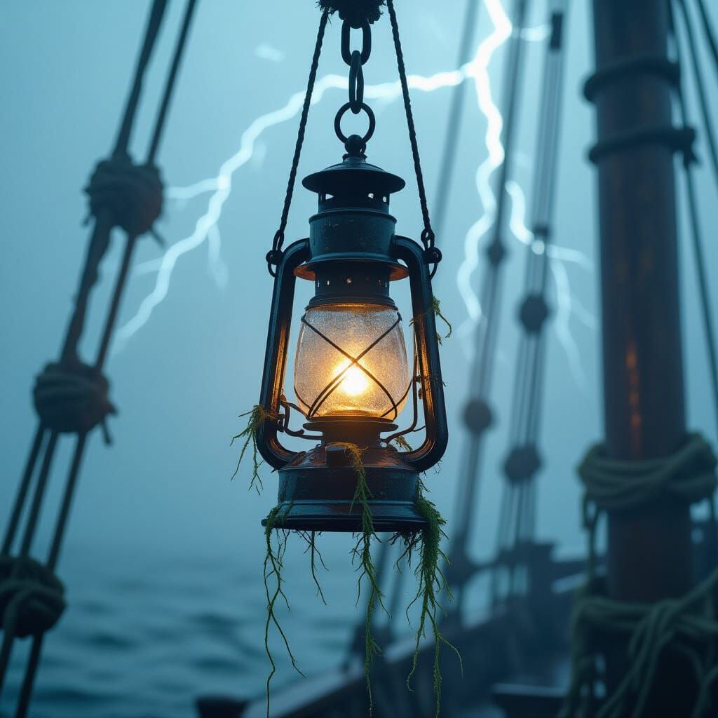 Weathered Lantern Glows on Ship Rigging