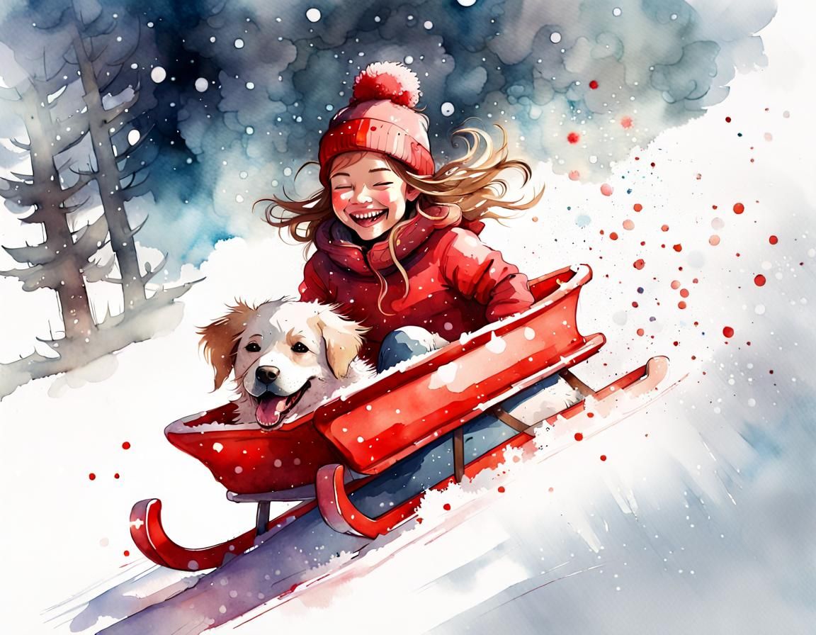 Laughing Girl sledding with her cute dog down a hill full of...