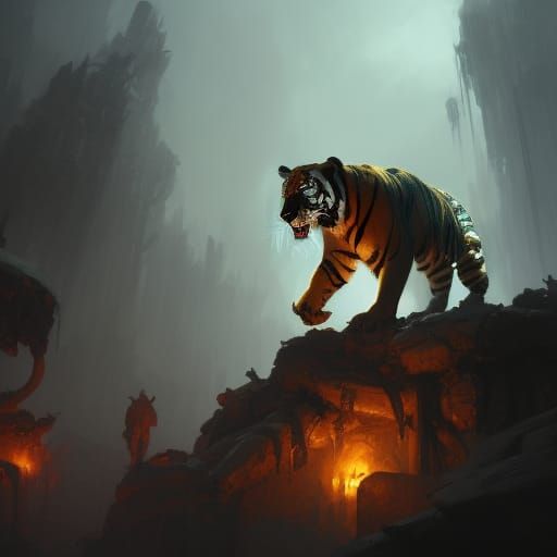 Tiger and Skulls in Dark Fantasy Style