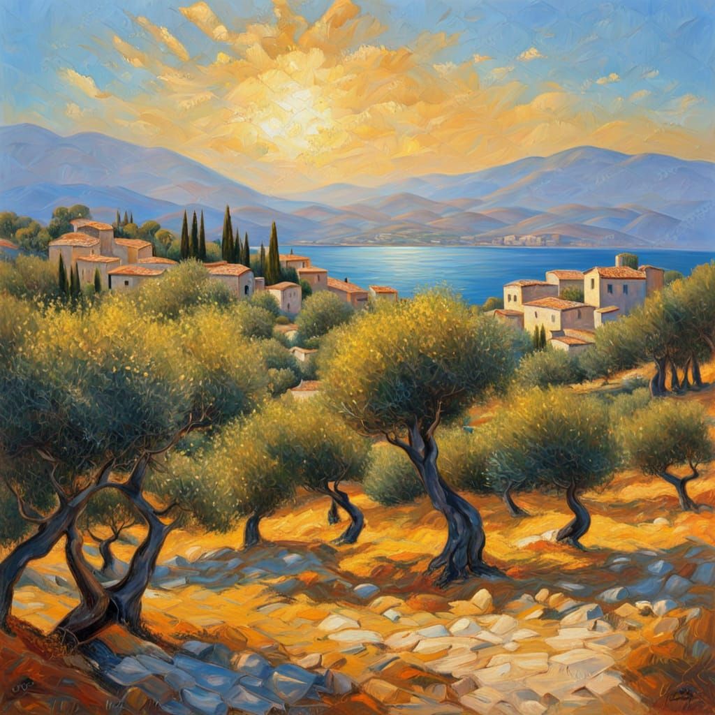 Mediterranean Hillside in Oil with Impasto Textures