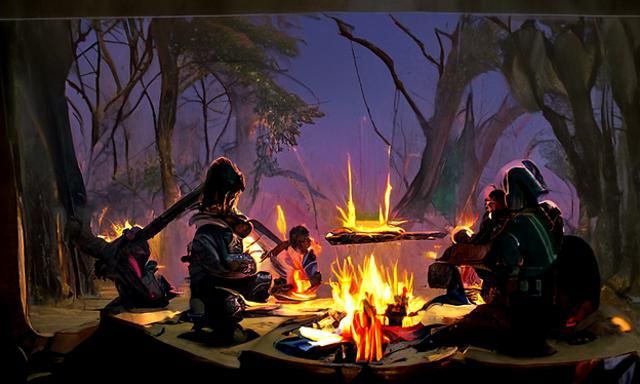 Fantasy Adventure Campfire Scene in Digital Illustration