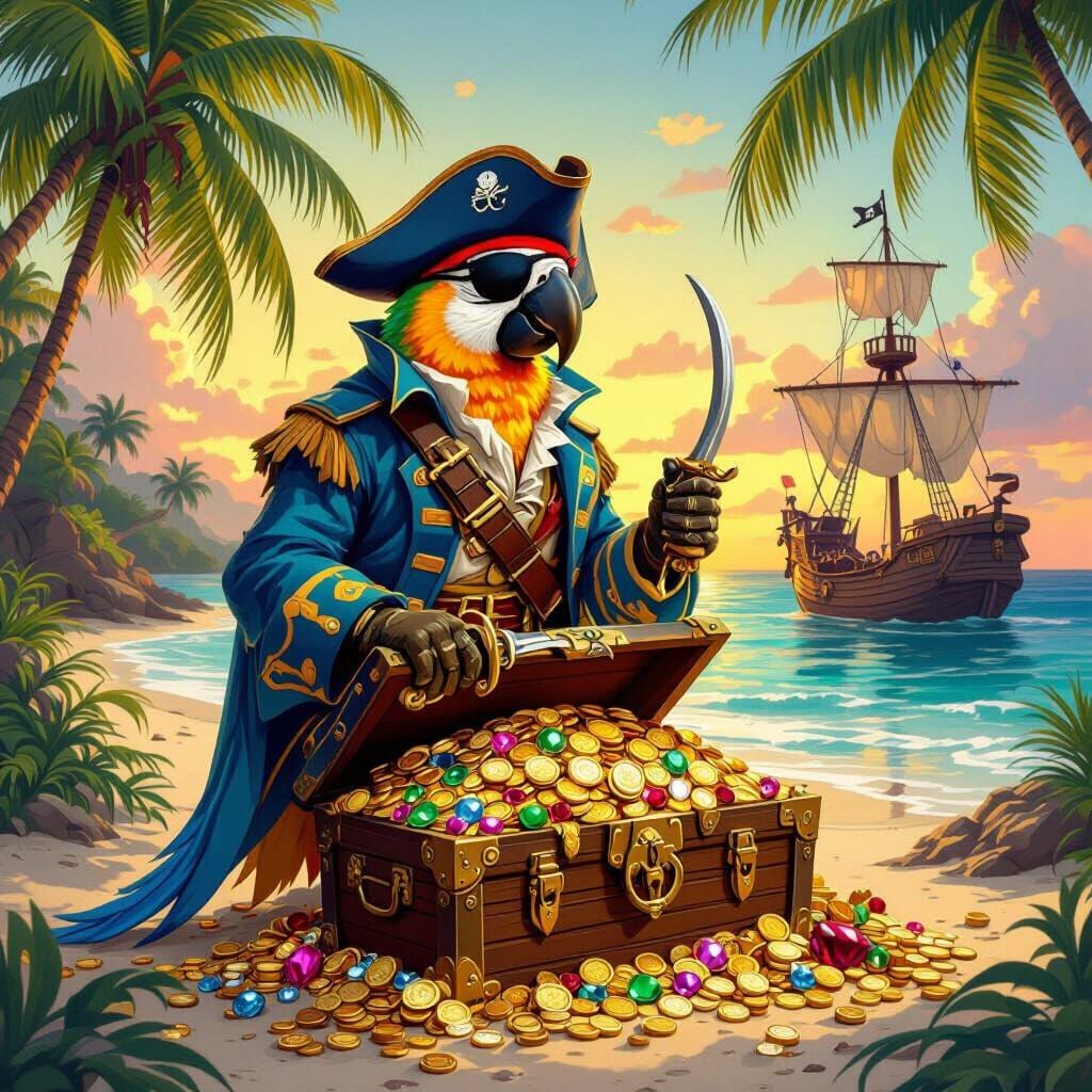Pirate Parrot on Treasure Island, in Art Nouveau Style