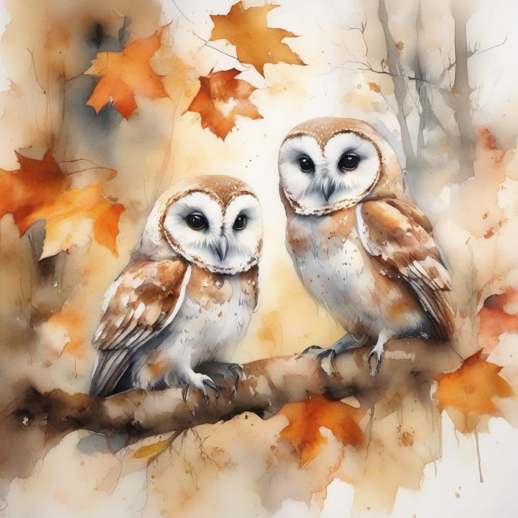 Adorable Owlets in Autumn Forest