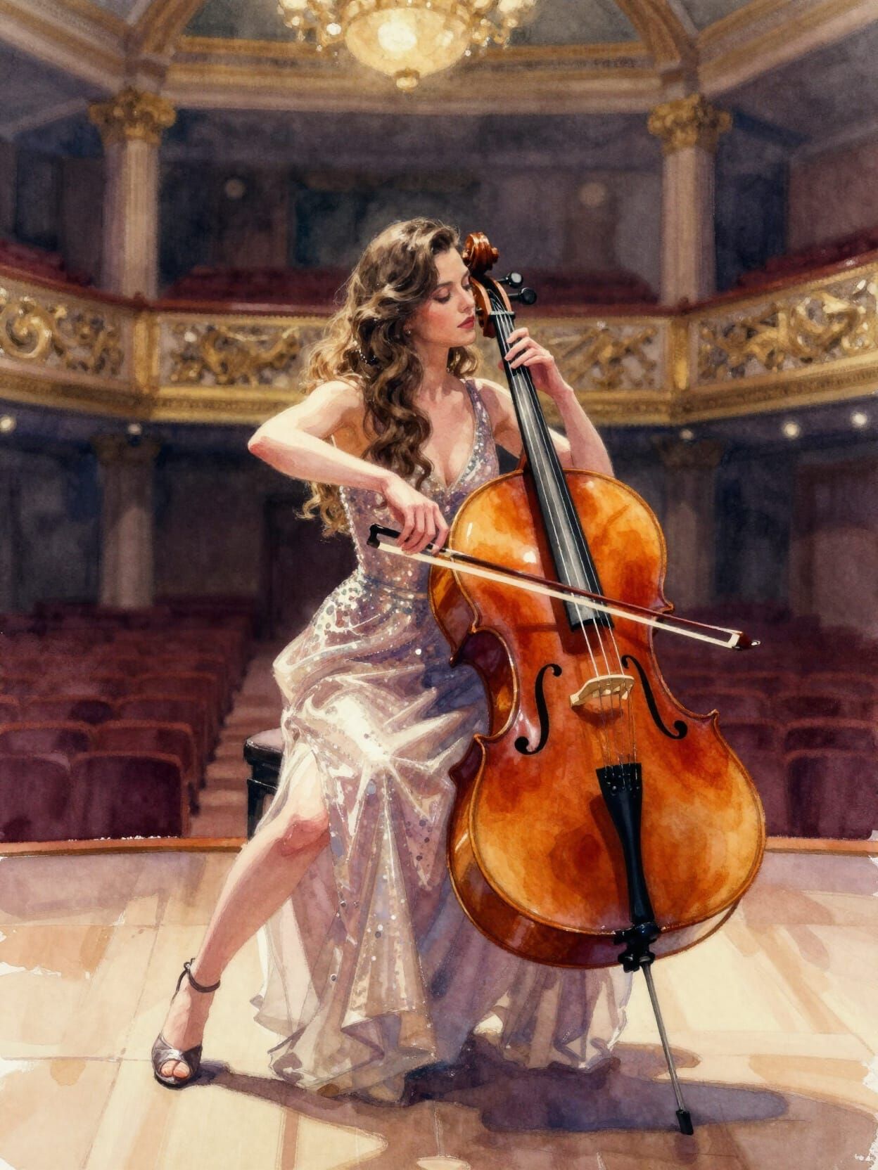 Elegant Cello Performance in Watercolor Style