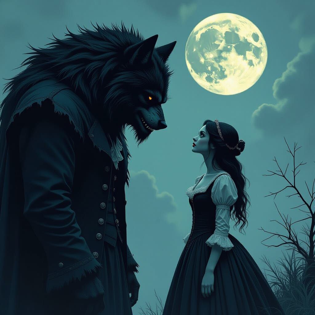 Gothic Victorian Girl and Werewolf in Eerie Ambience