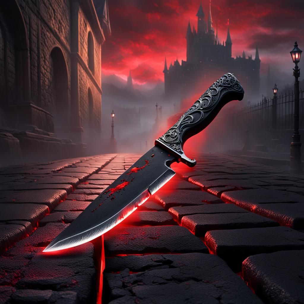 Bloody Knife on Cobblestone Street: Cinematic Scene