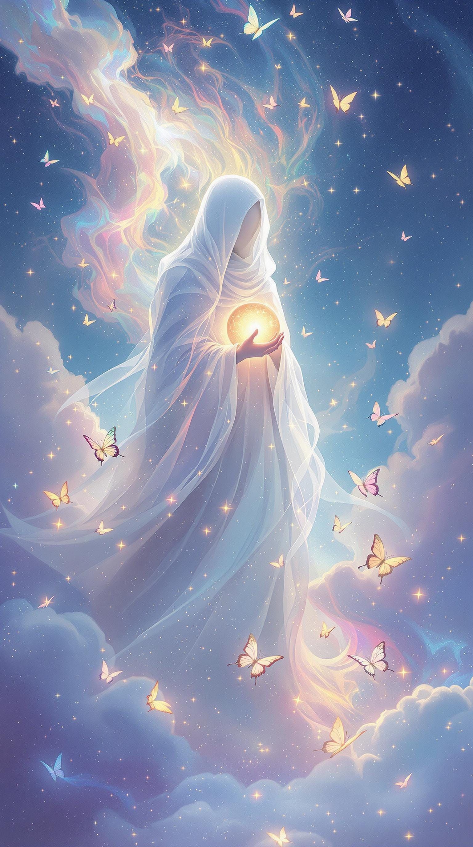 Dreamy Impressionist Figure in Shimmering Cloak Amidst Paste...