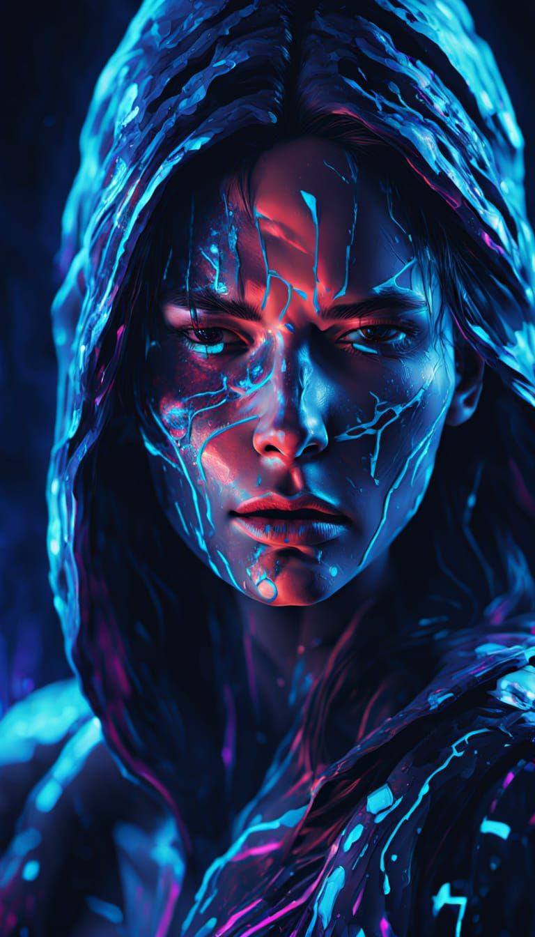 Vibrant Neon Glitch Portrait of Coughing Person