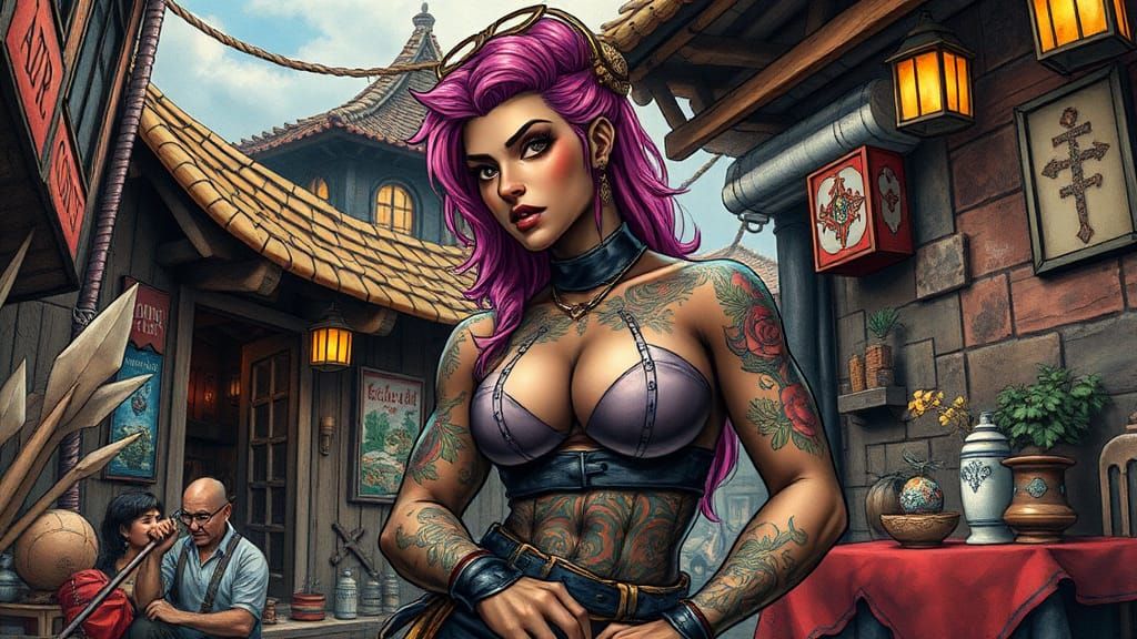 Tattooed Bodybuilder in Colorful Fantasy Art Style