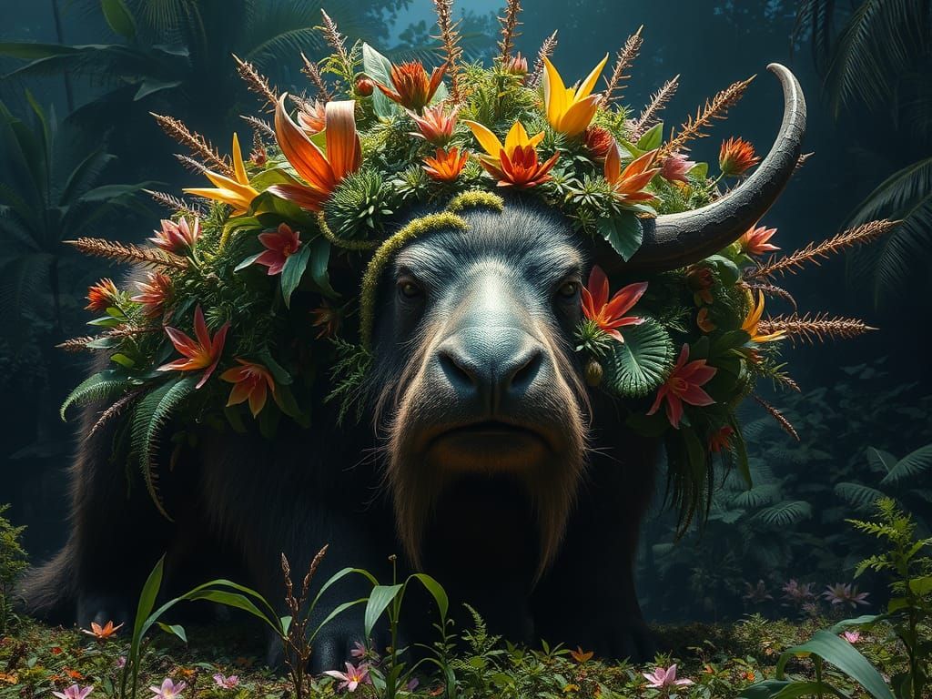 Megafauna Marvel: Colossal Creature Surrounded by Vibrant Fl...