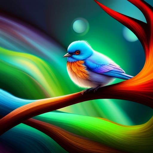Cute Blue Bird with Fractal Flowers in Pixel Art