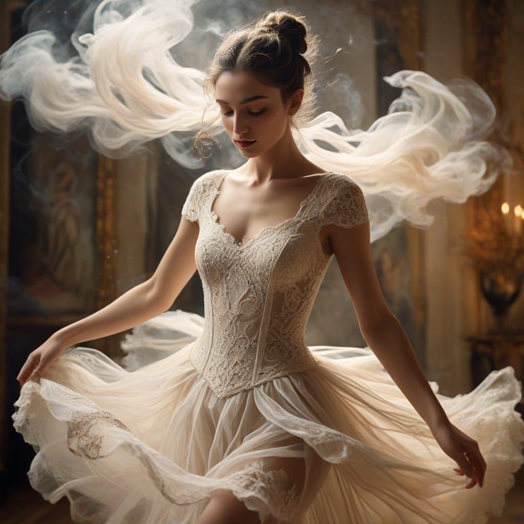 Dreamlike Ballerina in a Whirlwind of Smoke and Tulle