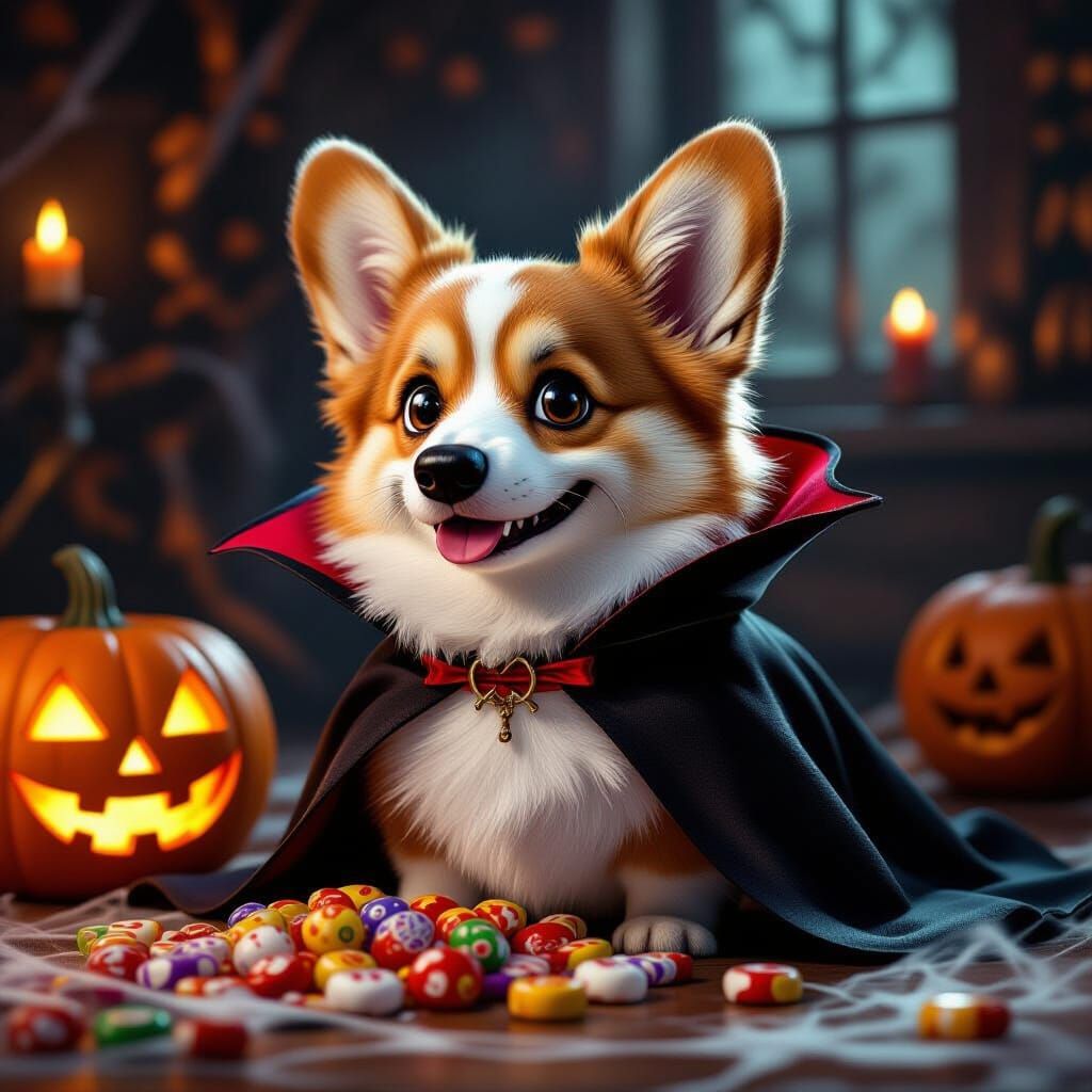 Adorable Vampire Corgi Ready for Halloween Candy