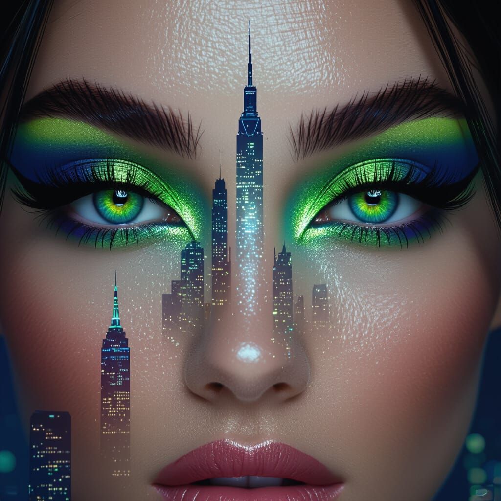 Woman's Eyes with Neon Urban Skyline Makeup