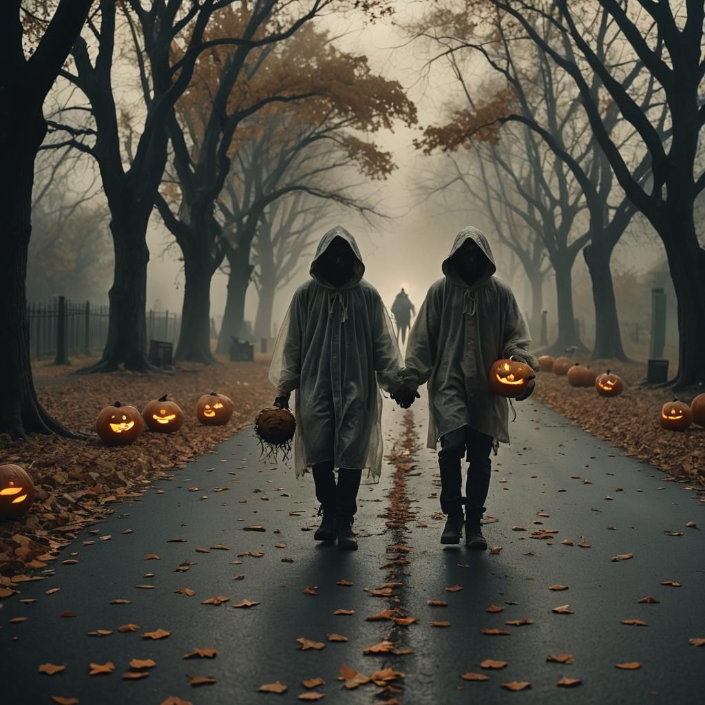 Ghosts Trick-or-Treating on Autumn Road in Crepax Style