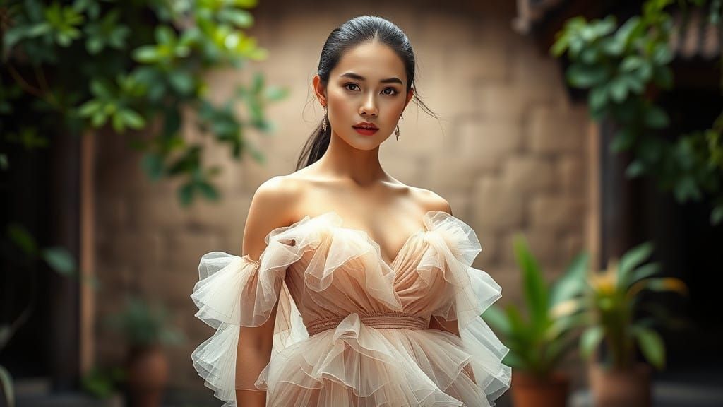 Elegant Vietnamese Fashion Model in Traditional Earth House...