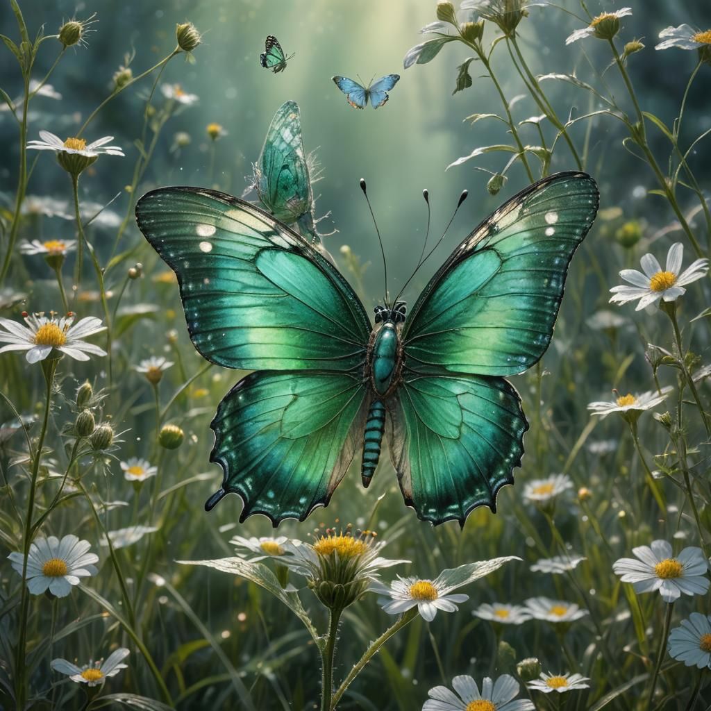 Iridescent Butterfly Sipping Nectar in Lush Meadow