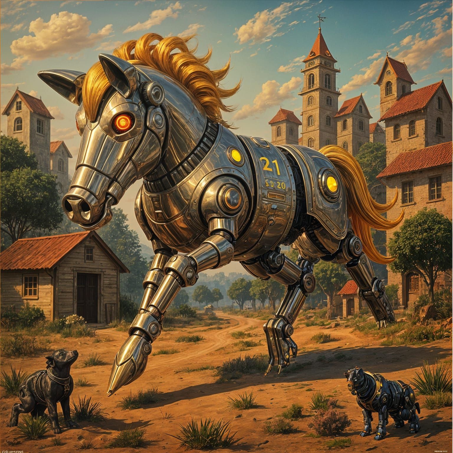 Hyperrealistic Chrome Pig Robot Galloping Under Blue Sky