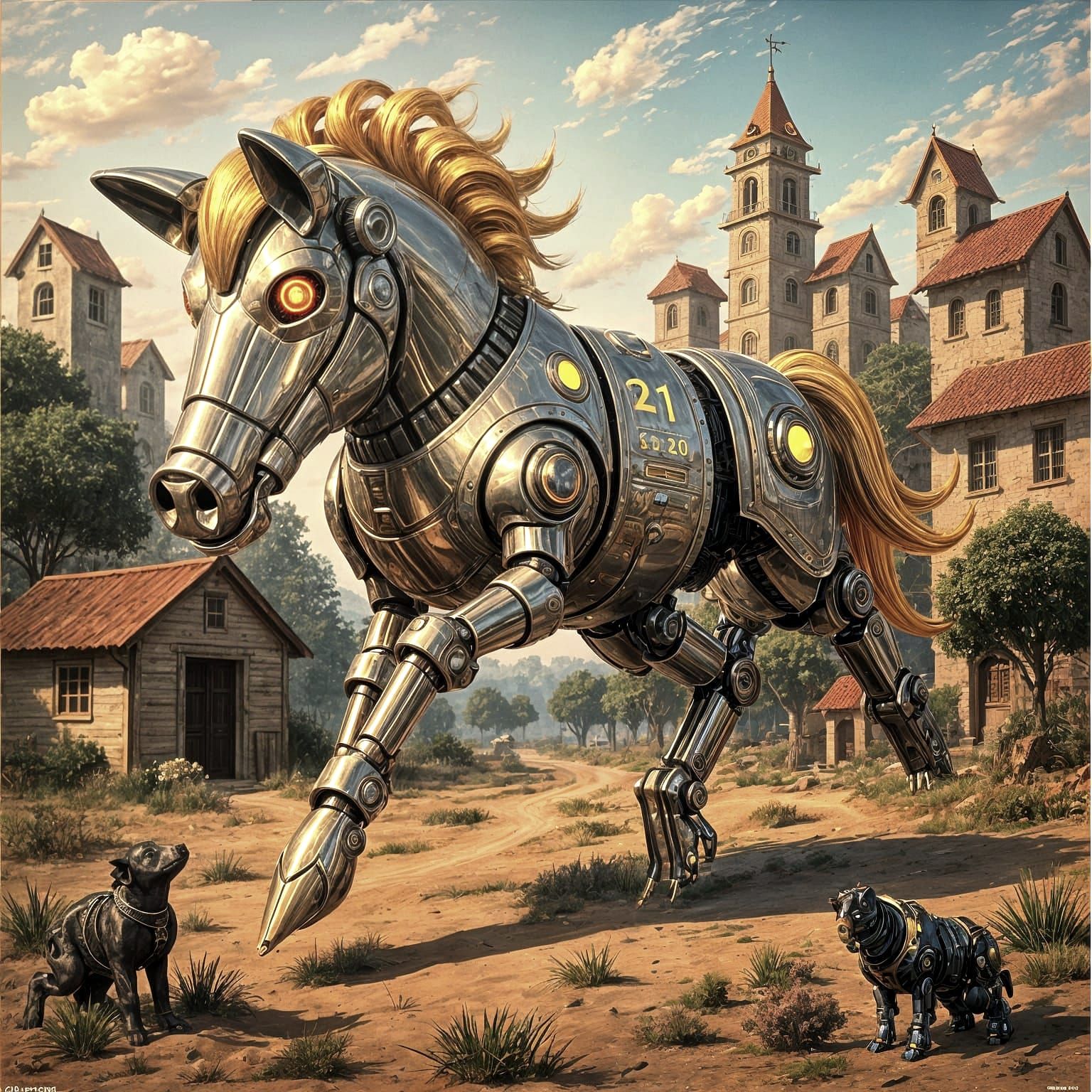 Hyperrealistic Chrome Pig Robot Galloping in Blue Sky