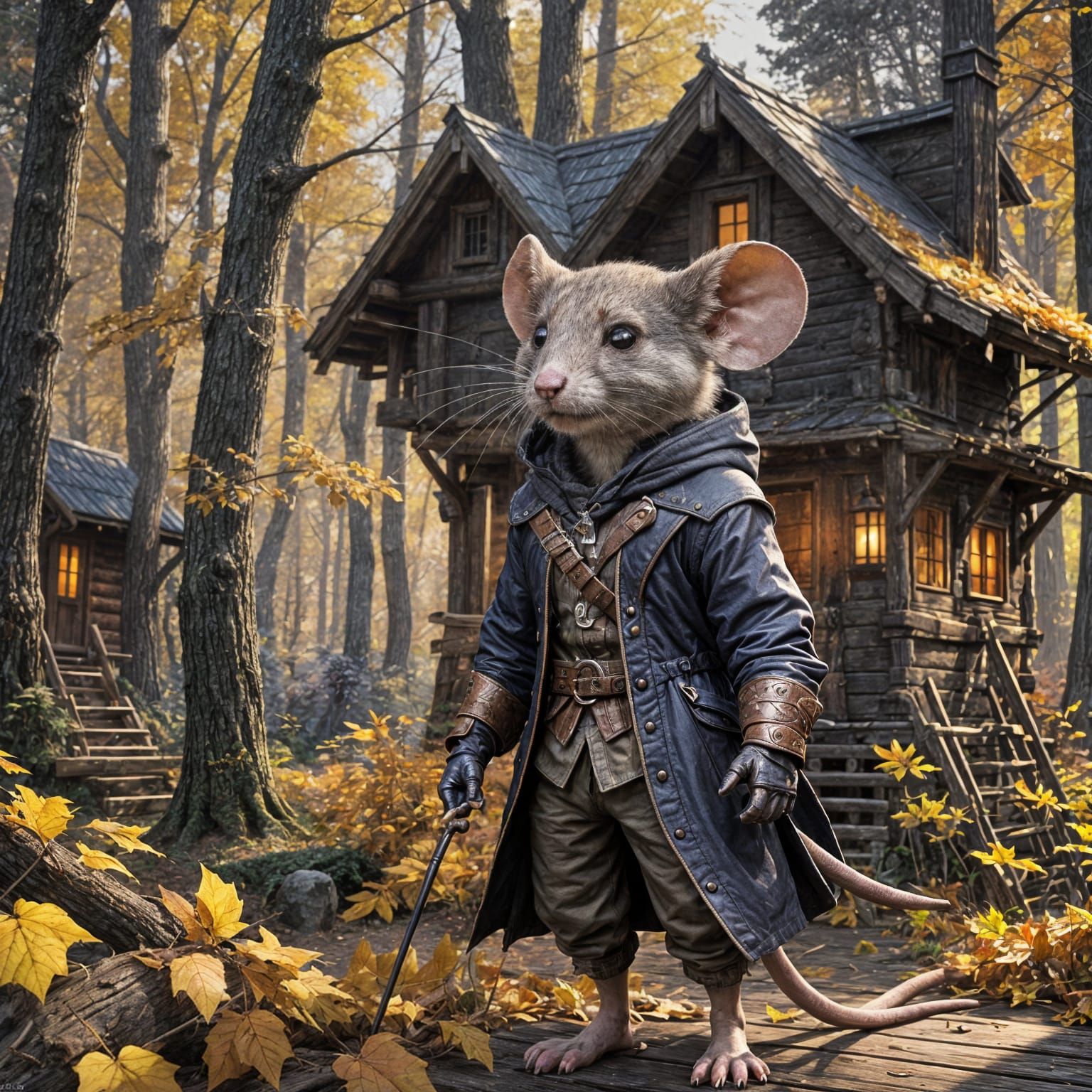Assassin Mouse in Fall Woods, Detailed Fantasy Art