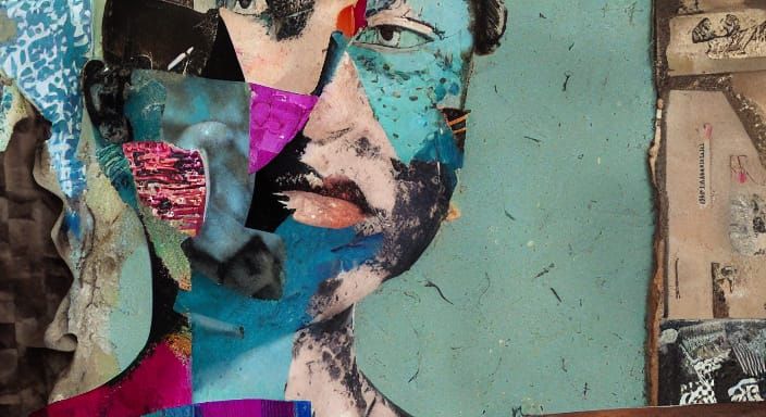 Vibrant Collage Portrait with Broken Brick and Graffiti