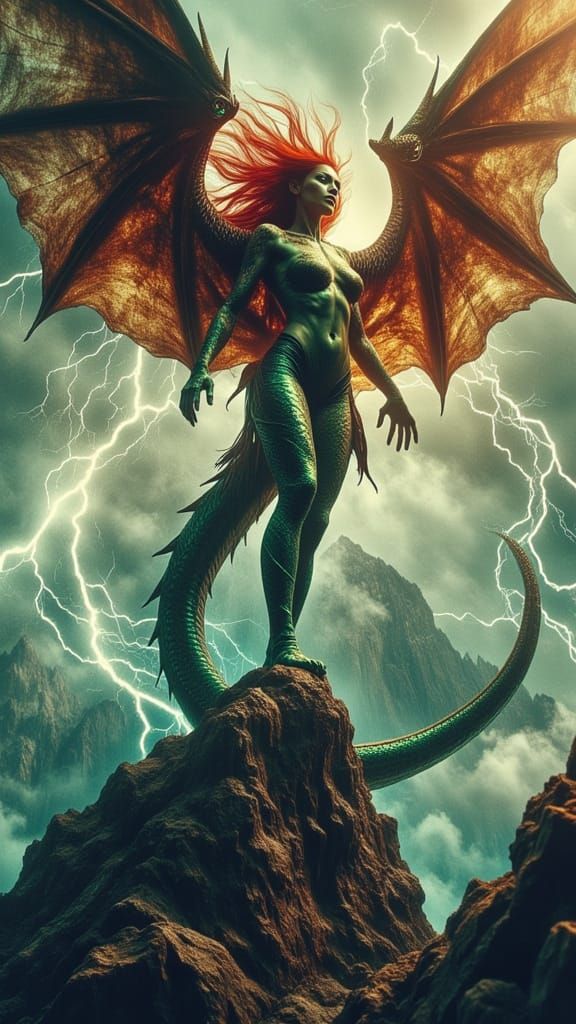 Hyperrealistic Dragon-Woman on Windswept Mountain Peak