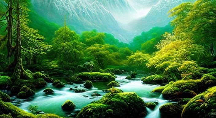 Elven Forests in a Heavenly Realm as Oil Painting