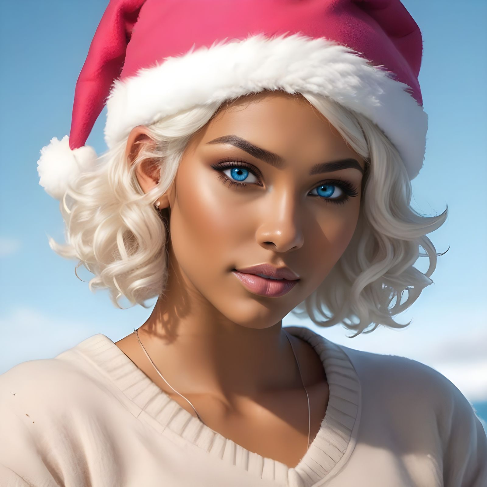 Island Goddess Wears Electric Blue Eyes and Santa Hat in Win...