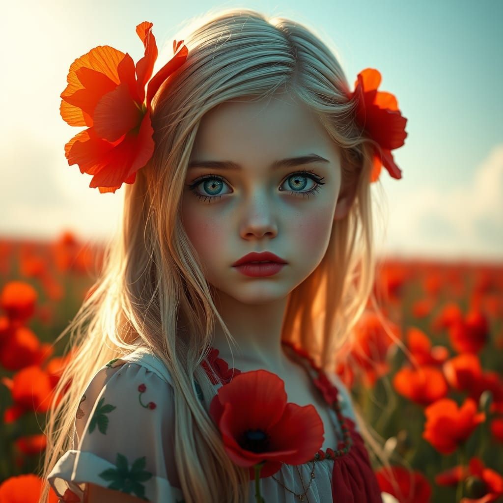 Blonde Girl in Poppy Field: Hyperdetailed Digital Portrait