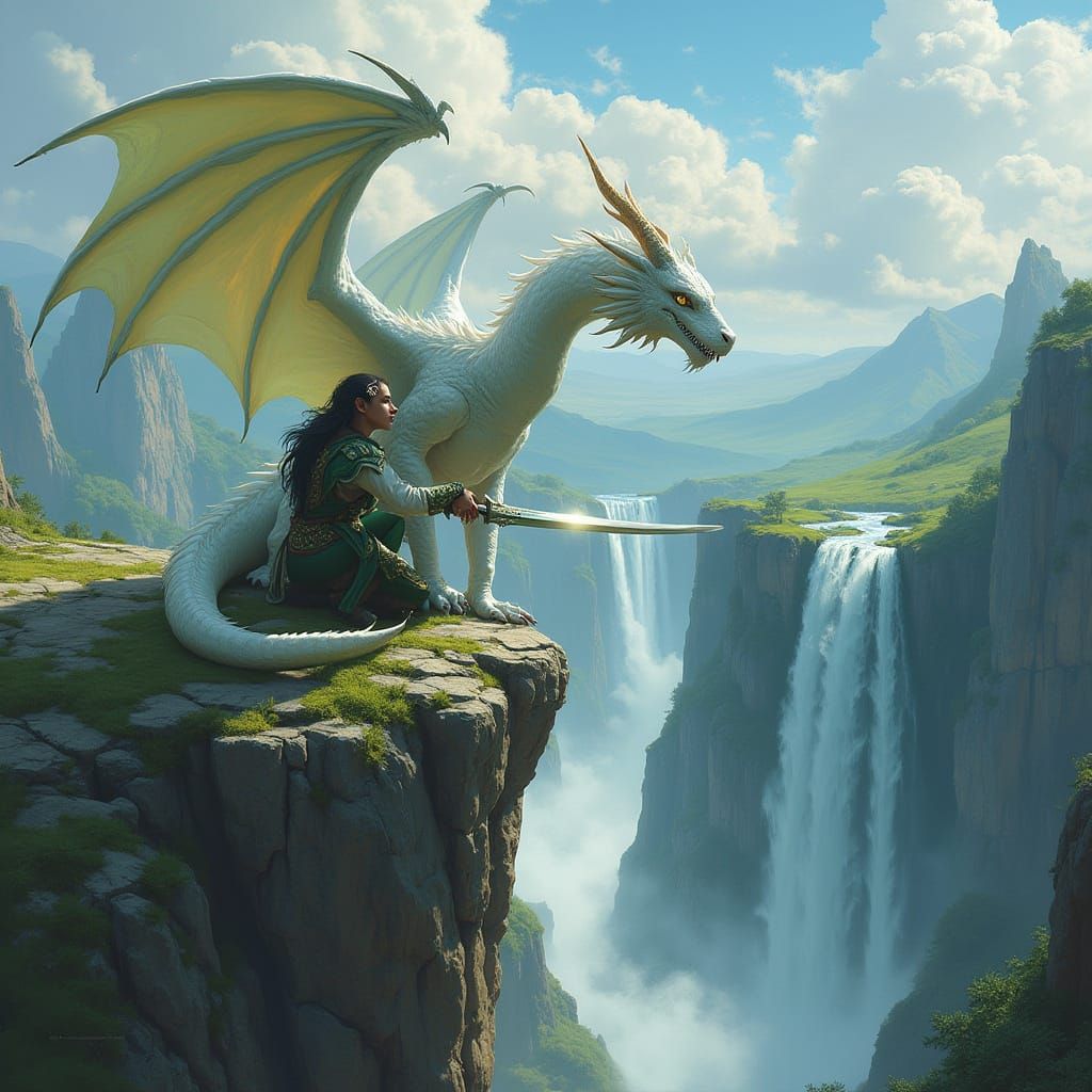 Dragon and Elf on Cliff, Dark Fantasy Concept Art