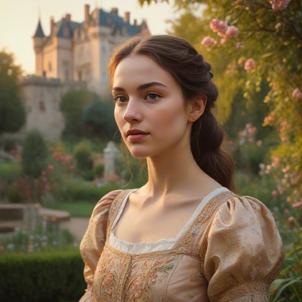 Young Woman in Garden: Romantic Realism Oil Painting