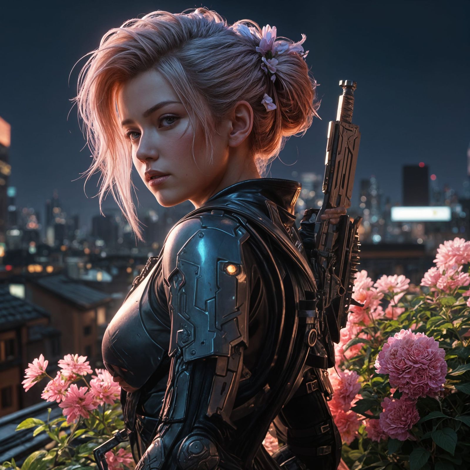 Stealthy Female Assassin in Dusklit Rooftop Aesthetic