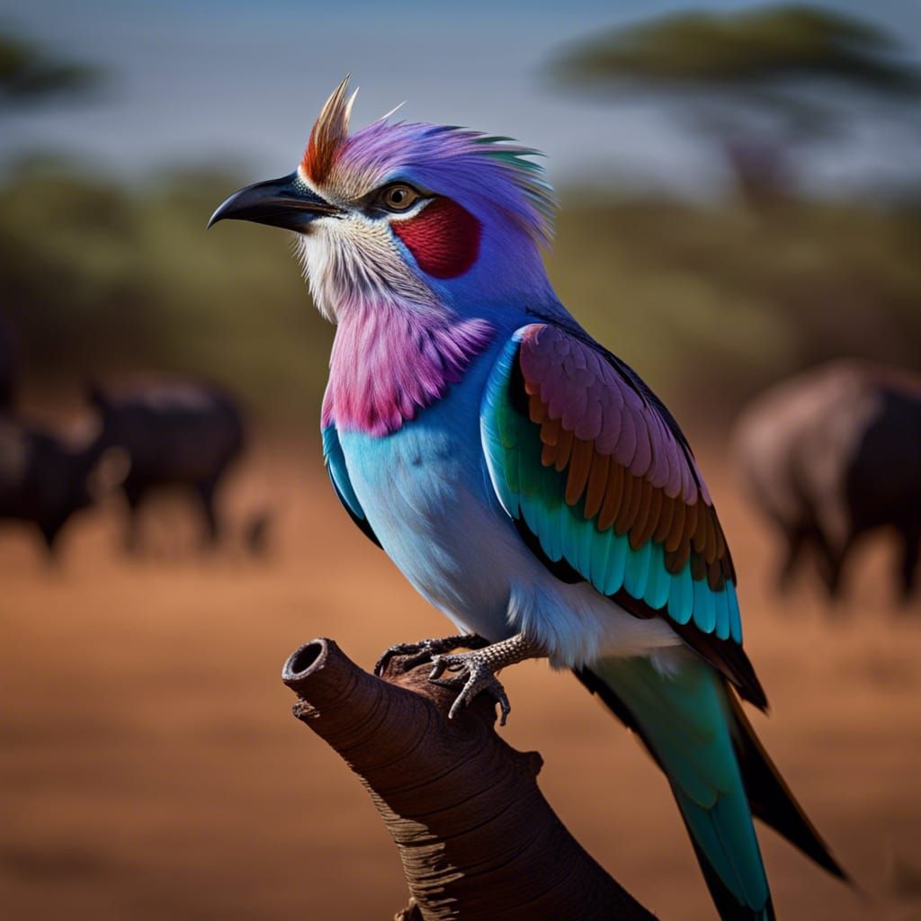 Portrait of a LILAC-BREASTED ROLLER perched on a rhinoceros' horn in African Savannah, Cinematic, 35mm lens, f/1.8, acce...