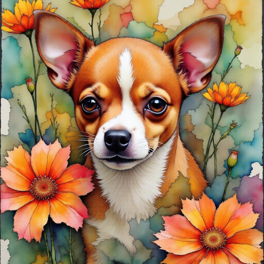 Colorful Chihuahua in Impressionist Alcohol Ink Garden