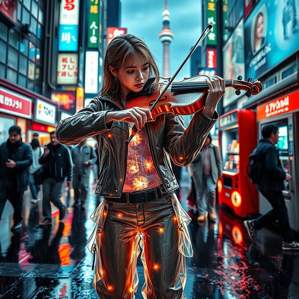 Tokyo Cyberpunk Violinist Commands Rain-Drenched Shibuya in ...