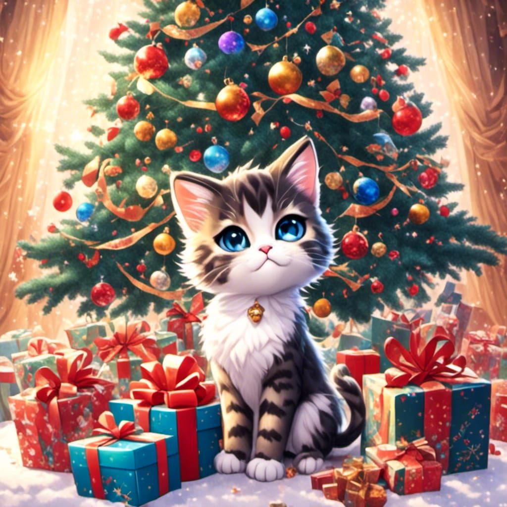Cute Christmas Kitten in Animated 3D Style